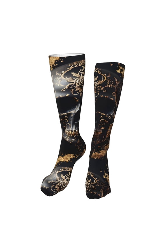 Gold Pattern Black Skull Print Calf Socks Seamless Toe, Knee High Long Socks, Sports Socks Trouser Socks for Women and Men-One Size