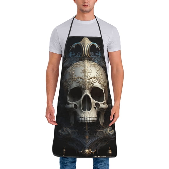 Xecao Gold Pattern Skull Print Funny BBQ Chef Aprons for Men Women,Adjustable Kitchen Cooking Aprons with Pocket Waterproof Oil Proof No Pilling Fading