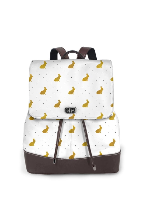 Gold Rabbit Print Large Backpack Soft Leather for Women Travel with Compartment, Adjustable Convertible Strap