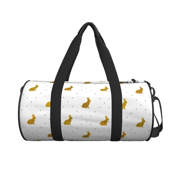Xecao Gold Rabbit print Round Travel Duffel Bag is a foldable gym bag with an inner pocket, perfect for travel sports