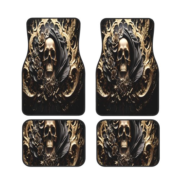 Xecao Gold Rose Skull Print Car Foot Mat Set of 4 Pieces Neoprene All-Weather Dust-Proof Stain-resistantCar Interior Decorative mats Non-Slip Mats