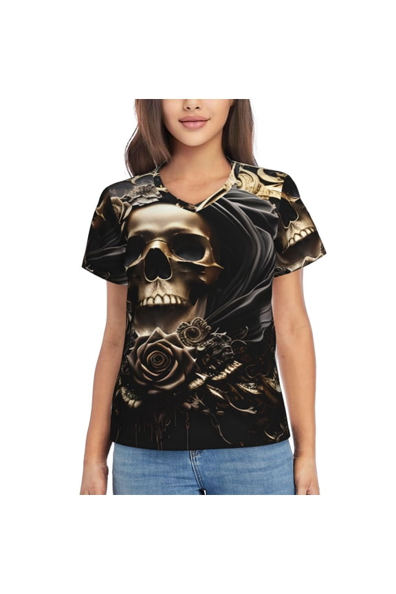 Gold Rose Skull for Women's V-Neck T-Shirts-Elegant Half-Sleeve Tops Perfect for Summer-Large