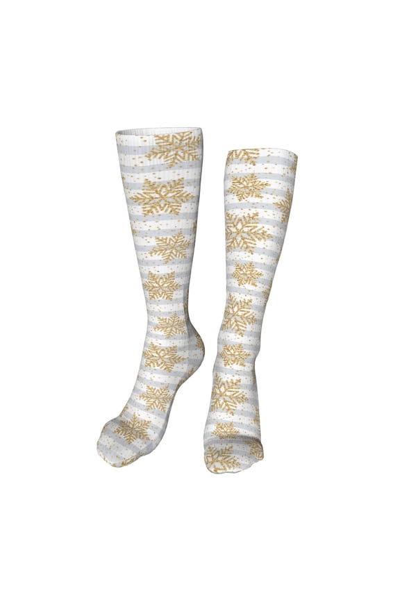 Gold Snowflake Print Calf Socks Seamless Toe, Knee High Long Socks, Sports Socks Trouser Socks for Women and Men-One Size