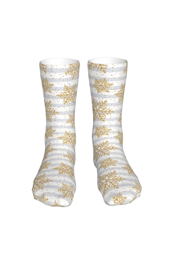 Gold Snowflake Print Fashion No Heel Casual Crew Socks Cushioned Breathable for Men Women - Moisture wicking,Not easy to fade Suitable for daily