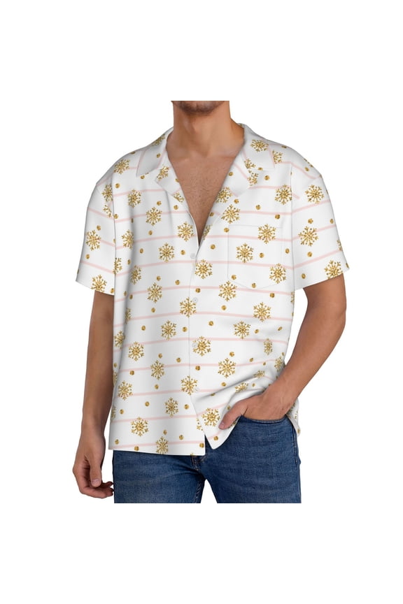 Gold Snowflake Stripes Men's Casual Short-sleeved Shirt, a button-up collared shirt with a pocket-Small