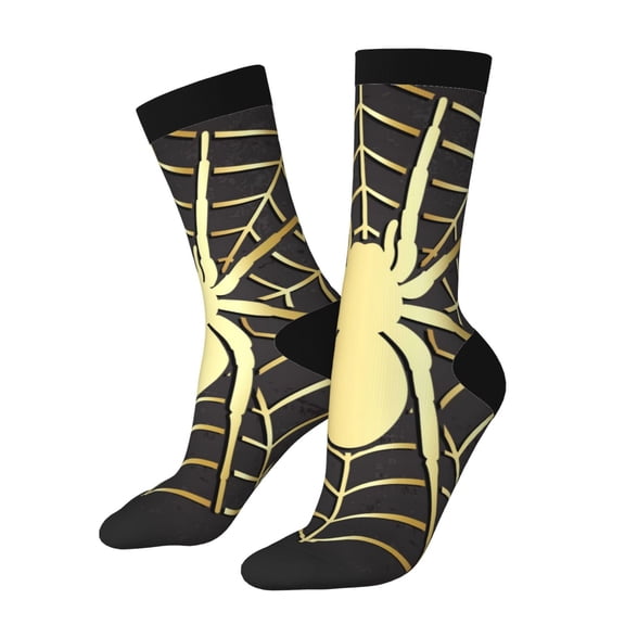 Xecao Gold Spider On The Web Pattern Sport Socks for Women and Men Crew Socks Sporty Calf Socks Casual Socks