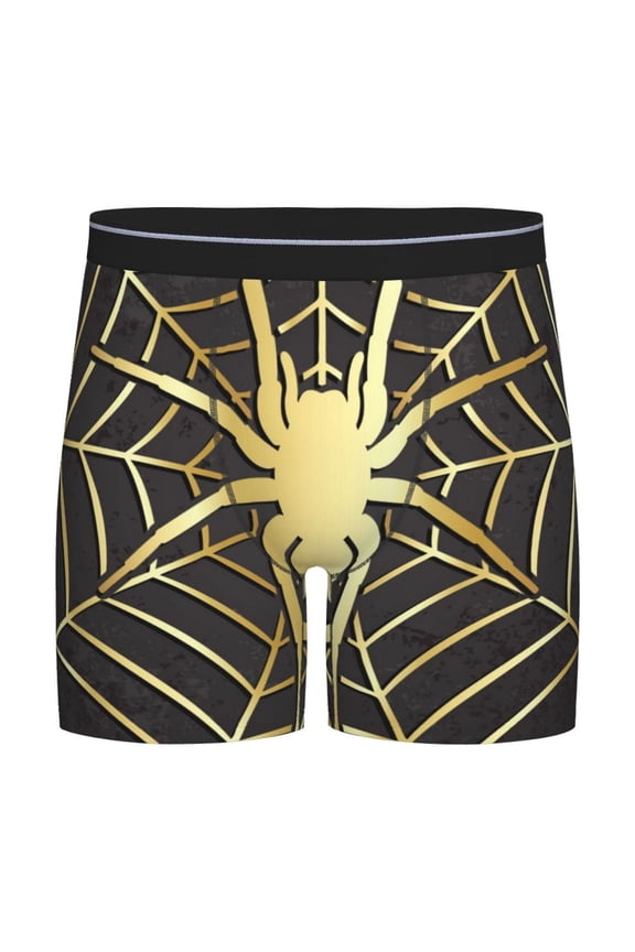 Gold Spider On The Web Print Boxer Briefs for Men's Stretch Moisture-Wicking Underwear, Mid-Rise Classics breathable fabric