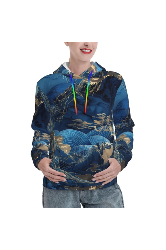 Golden Blue Mountains Pattern Hoodies for Women Sweatshirts Long Sleeve Sweatshirts Pullover Outfits with Pocket-Medium