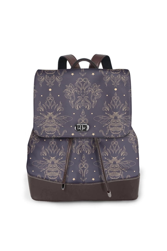 Golden Bumblebee Print Large Backpack Soft Leather for Women Travel with Compartment, Adjustable Convertible Strap