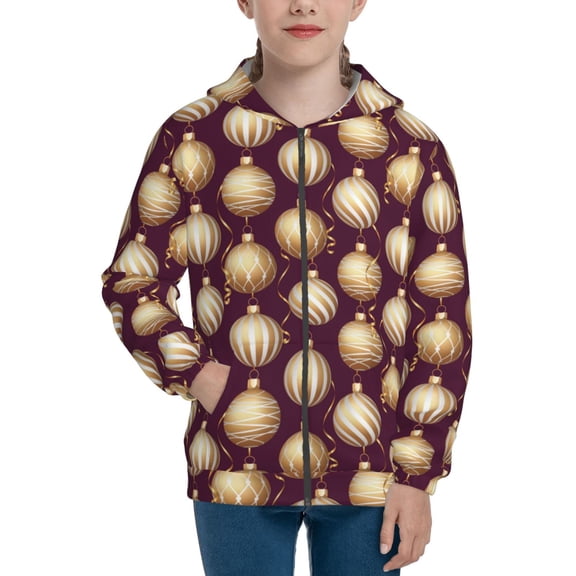 Xecao Golden Christmas Balls Pattern Zip Up Hoodies for Boys Girls, Sweatshirt with Pockets-Medium