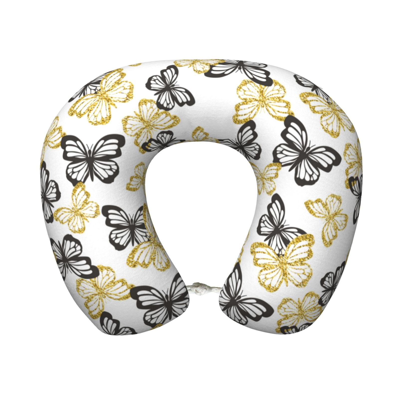 Xecao Golden Glitter Butterflies Print Memory Foam Cervical Neck Pillow Versatile U-Shaped Pillows for Home,Office,Camping,Travelling,Soft Washable Cover