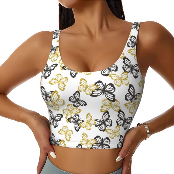 Xecao Golden Glitter Butterflies for Sports Bra with Removable Pads, Crop Tank Top Design, Women's Longline Sports Bra - Non-Wired - Large