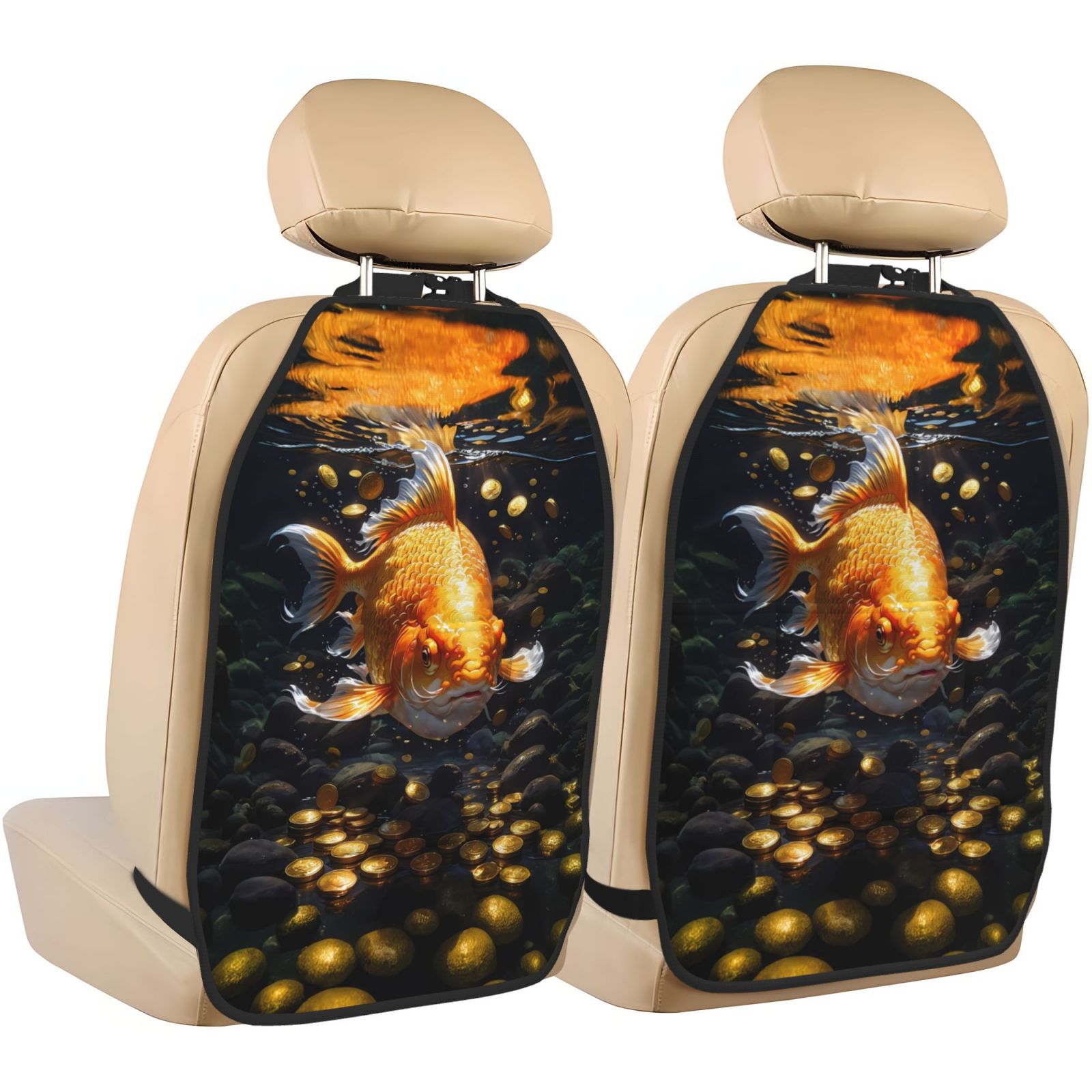 Xecao Golden Koi And Treasure Pattern Car Seat Back Protector 2 Pack Large Capacity Pocket, Kick Mats Back Seat Protector