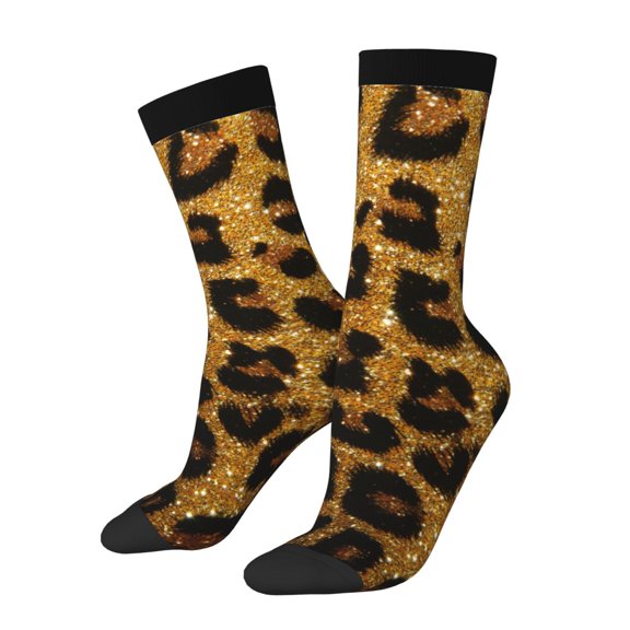 Xecao Golden Leopard Glitter Pattern Sport Socks for Women and Men Crew Socks Sporty Calf Socks Casual Socks