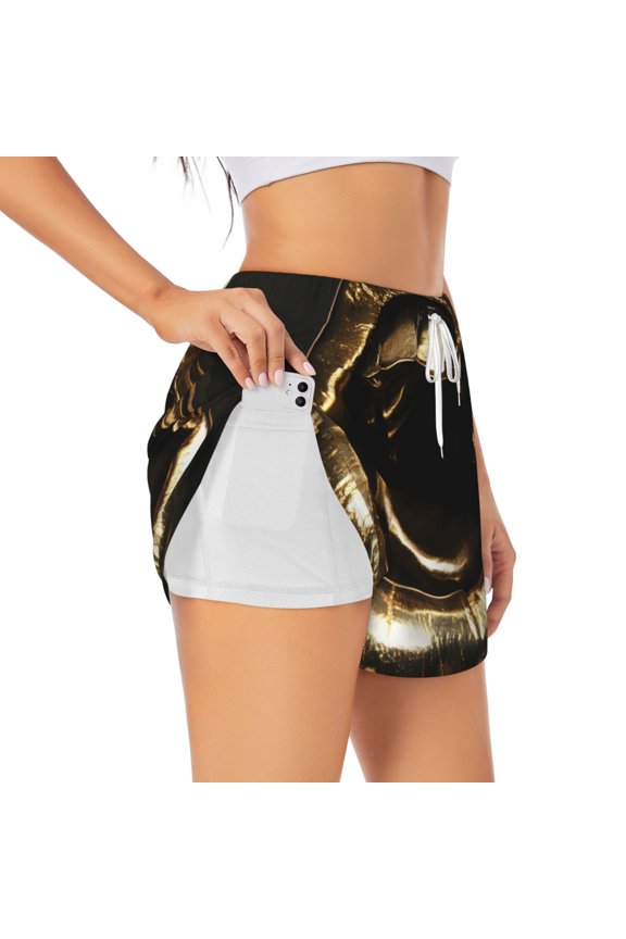 Golden Lips Modern Sculpture for Double-layer Running Short for Women, Perfect for Gym, Tennis, and More, Featuring a Convenient Pocket-Small