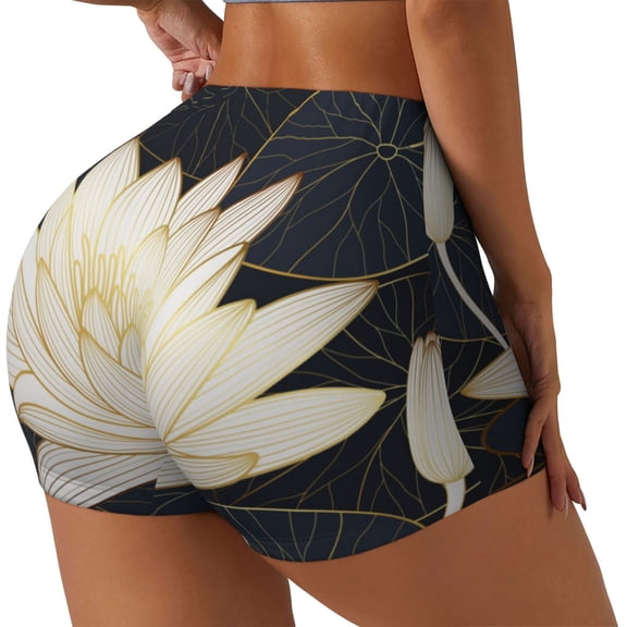 Xecao Golden Lotus Print Workout Shorts for Women Soft Smooth Gym Yoga Scrunch Active Tennis Workout Running Shorts-XX-Large