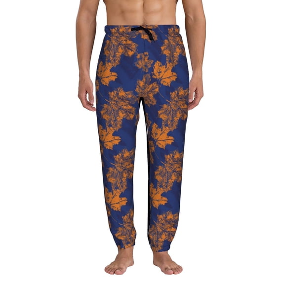 Xecao Golden Maple on Navy Blue Print Active Tech Joggers for Men, Mens Sweatpants Lounge Pants with Pockets-Large