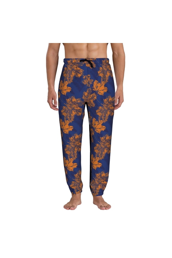 Golden Maple on Navy Blue Print Active Tech Joggers for Men, Mens Sweatpants Lounge Pants with Pockets-Small