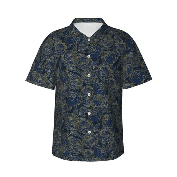 Xecao Golden Peonies print Hawaiian shirt - a stylish short-sleeve button-down for men, perfect for casual beach and tropical outings.