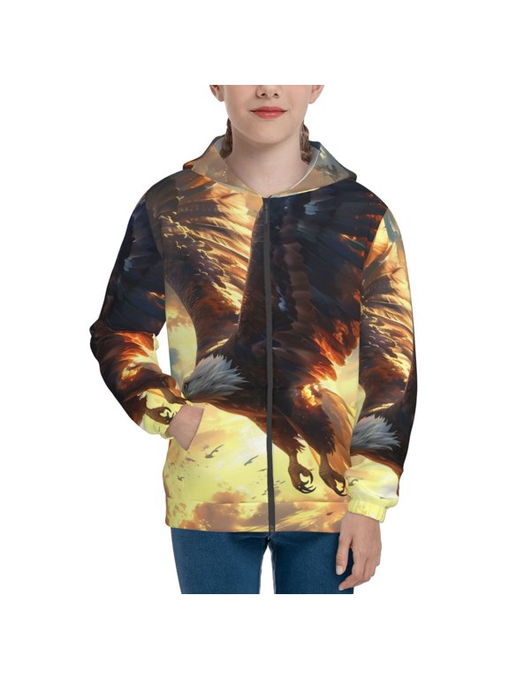 Golden Sky Bald Eagle Pattern Zip Up Hoodies for Boys Girls, Sweatshirt with Pockets-Medium