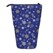 Xecao Golden Snowflakes Royal Blue Print Telescopic Pencil Bag Pen Holder Pop Up Stationery Case Stand-up Retractable Transformer Bag Standing Organizer