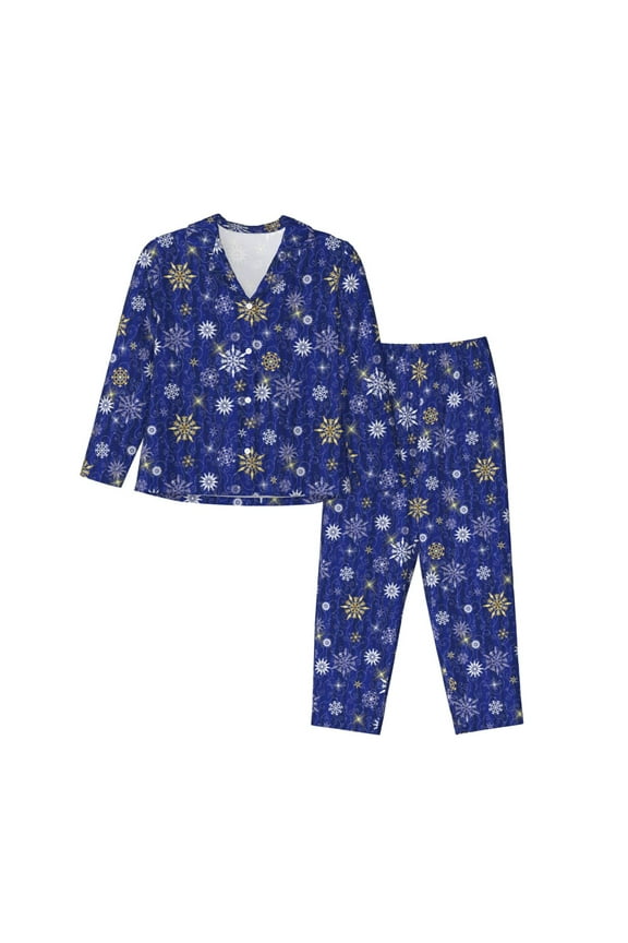 Golden Snowflakes Royal Blue Print Women Pajamas Set Soft Sleepwear Pjs long Sleeve Button Down Nightwear with Long Pants