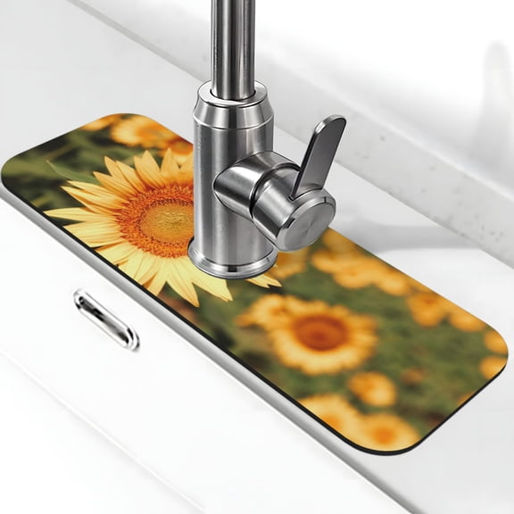 Xecao Golden Sunflower In Field for Kitchen Sink Splash Guard Faucet Mat , Faucet Guard & Draining mat, (15" X 5.5" )