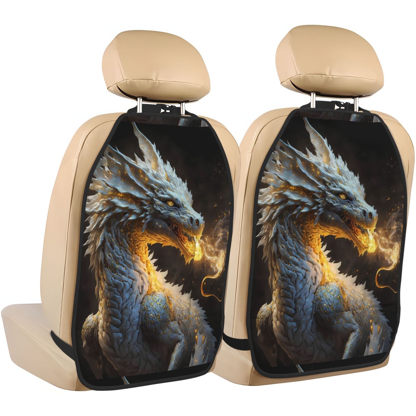 Xecao Golden White Fire Dragon Pattern Car Seat Back Protector 2 Pack Large Capacity Pocket, Kick Mats Back Seat Protector