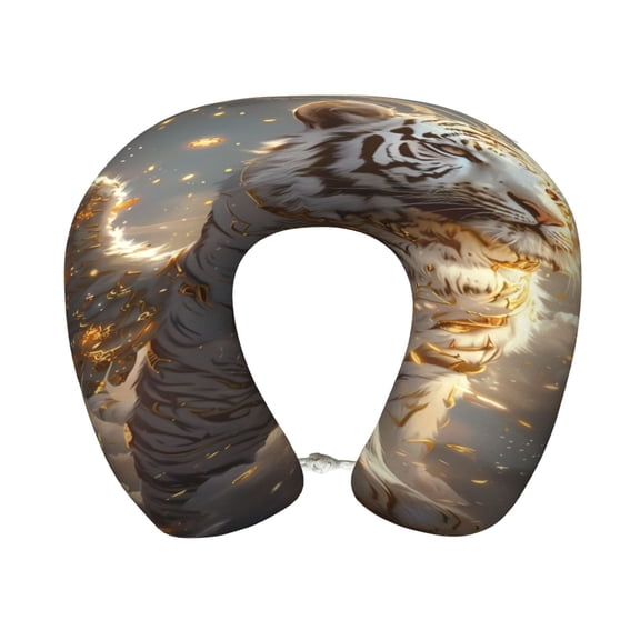 Xecao Golden White Tiger Print Memory Foam Cervical Neck Pillow Versatile U-Shaped Pillows for Home,Office,Camping,Travelling,Soft Washable Cover