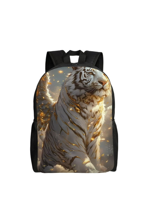 Golden White Tiger Print School Backpack with Laptop Compartment Small Travel Laptop Backpack for Women Men Waterproof College Backpack Simple School Bag