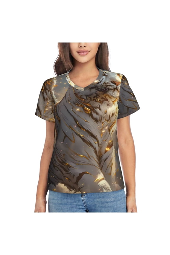 Golden White Tiger for Women's V-Neck T-Shirts-Elegant Half-Sleeve Tops Perfect for Summer-X-Large