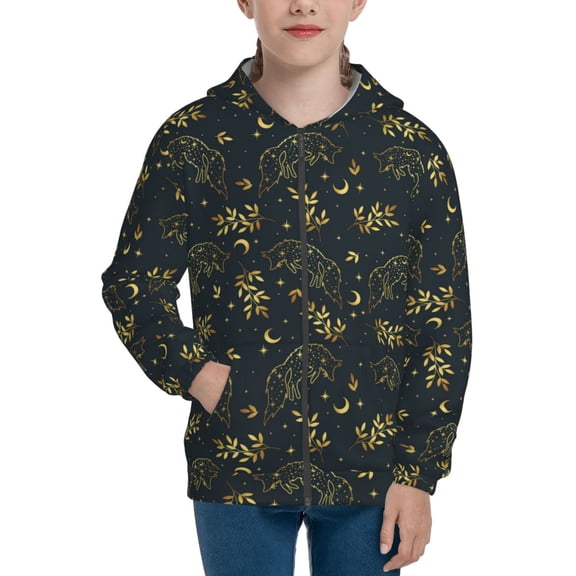 Xecao Golden line fox Pattern Zip Up Hoodies for Boys Girls, Sweatshirt with Pockets-Small