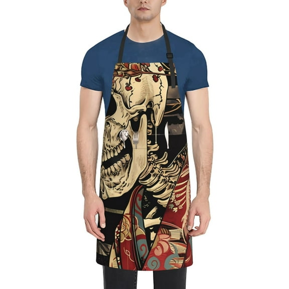 Xecao Gothic Eastern Floral Skull Print Kitchen Cooking Aprons, Waterproof Adjustable Bib Aprons with 2 Pockets for Women Men Chef