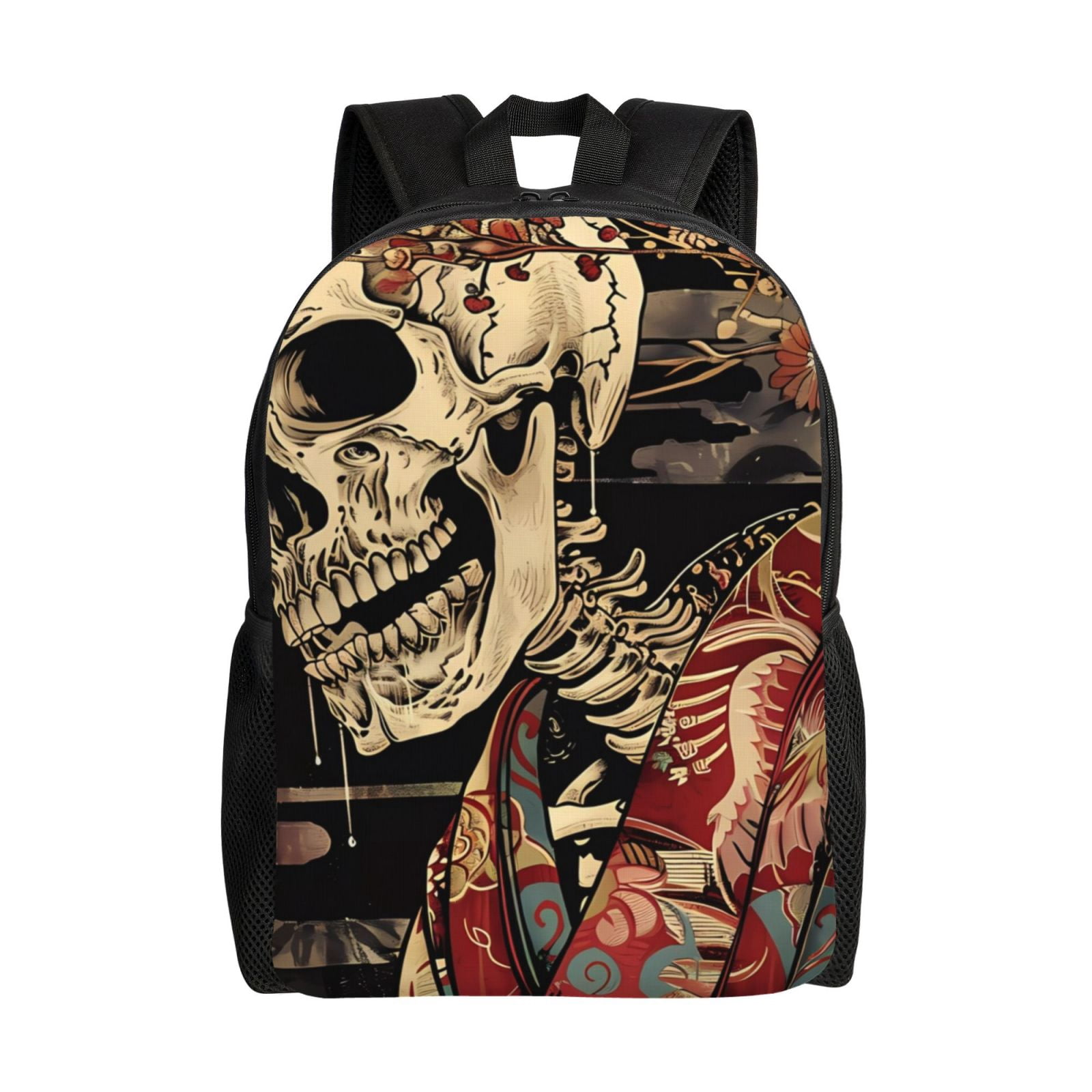 Xecao Gothic Eastern Floral Skull Print School Backpack with Laptop Compartment Small Travel Laptop Backpack for Women Men Waterproof College Backpack Simple School Bag