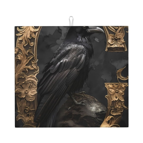 Xecao Gothic Raven Portrait Print Dish Drying Mat for Kitchen Counter,Absorbent Coffee Bar Mat, Dish Drainer Rack Mats,Dining Room Decoration
