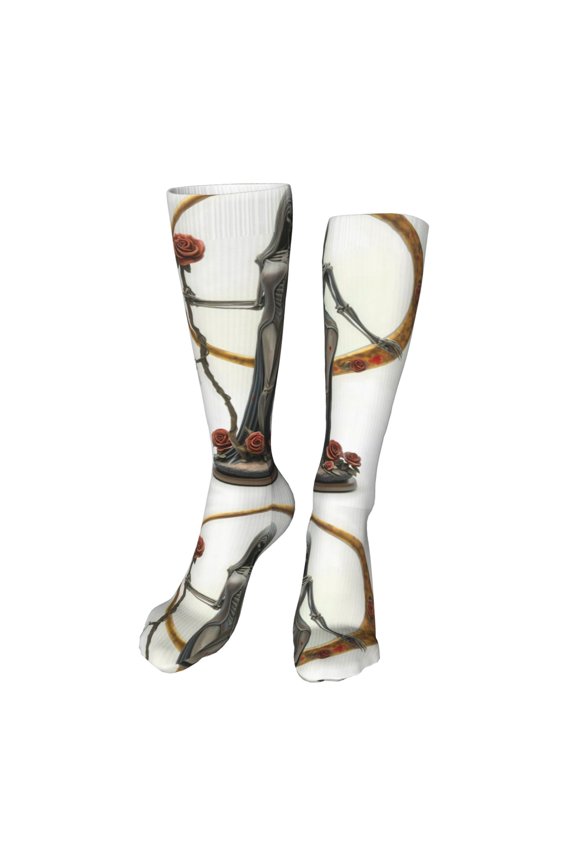 Gothic Skeleton With Roses Print Calf Socks Seamless Toe, Knee High Long Socks, Sports Socks Trouser Socks for Women and Men-One Size