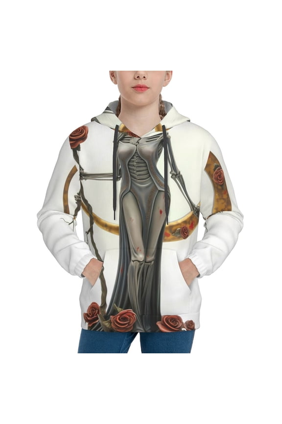 Gothic Skeleton With Roses Print Youth Hoodie Sweatshirt,Boys Hoodies,Essentials Hoodie-Small