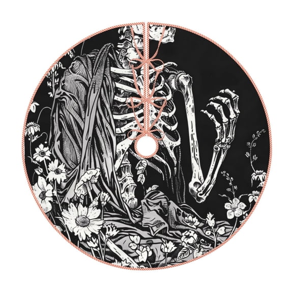 Xecao Gothic Skull Floral Art Pattern Christmas Tree Skirt Round Xmas Tree Mat Base Cover for Holiday Home Decorations-48"