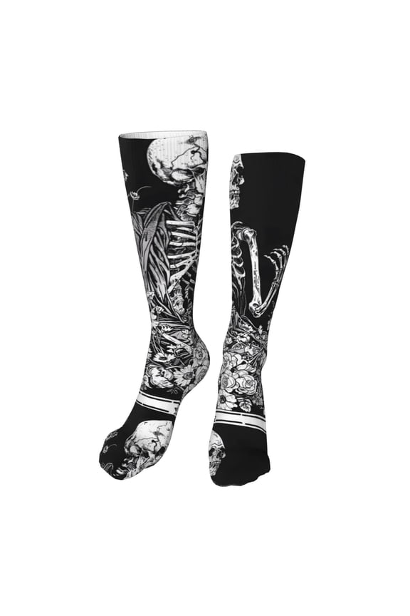 Gothic Skull Floral Art Print Calf Socks Seamless Toe, Knee High Long Socks, Sports Socks Trouser Socks for Women and Men-One Size