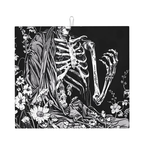 Xecao Gothic Skull Floral Art Print Dish Drying Mat for Kitchen Counter,Absorbent Coffee Bar Mat, Dish Drainer Rack Mats,Dining Room Decoration
