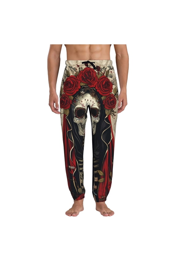 Gothic Skull With Roses Print Active Tech Joggers for Men, Mens Sweatpants Lounge Pants with Pockets-X-Large