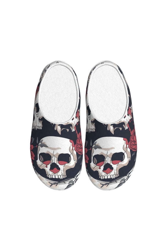 Gothic Skulls And Roses Print Cotton Slippers Fuzzy Warm Cozy Slippers Non Slip House Slippers For Indoor Outdoor Cotton Slippers House Slippers-13