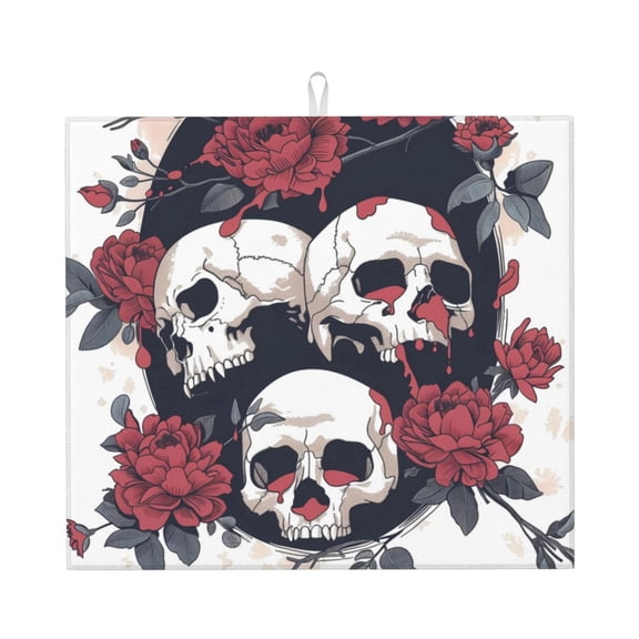 Xecao Gothic Skulls And Roses Print Dish Drying Mat for Kitchen Counter,Absorbent Coffee Bar Mat, Dish Drainer Rack Mats,Dining Room Decoration