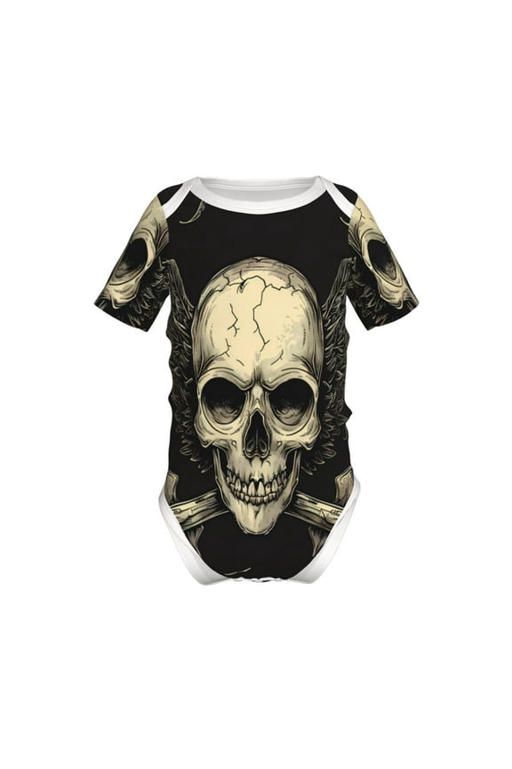 Gothic Winged Skull Pattern Baby Climbing Bodysuit Short Sleeve Onesie Unisex 0-12 Months Baby Shirt Newborn Outfits Crotch snap design-9M