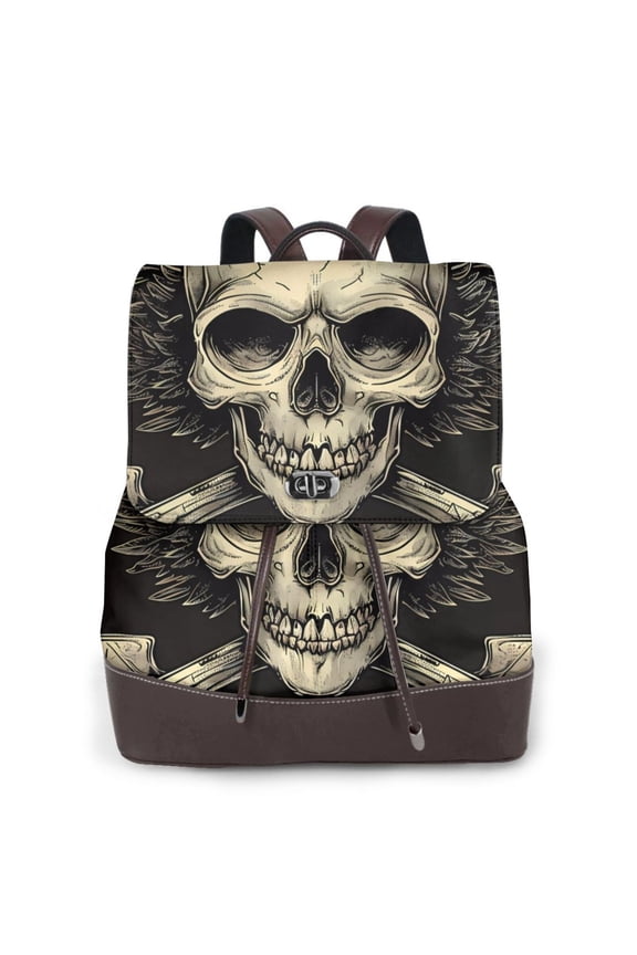Gothic Winged Skull Print Large Backpack Soft Leather for Women Travel with Compartment, Adjustable Convertible Strap