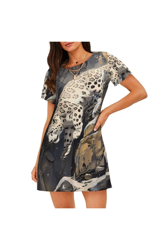 Graceful Snow Leopard for Women's Loose Nightgown Sleepwear Short Sleeves Shirt Casual Print Sleepdress