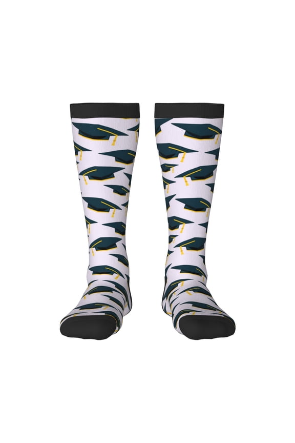 Graduation Hats print thigh-high socks, crafted for both men and women with a stretchy, high-opaque design perfect for daily wear