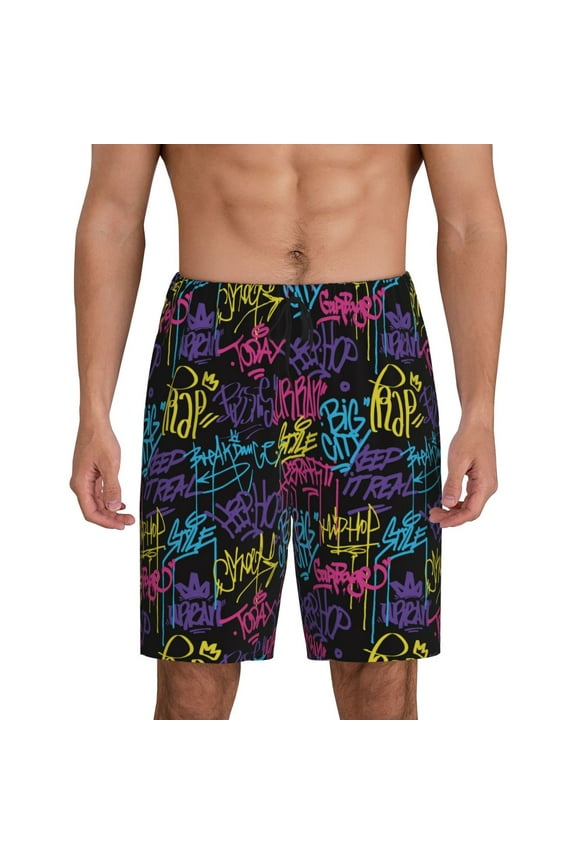 Xecao Graffiti Art Print Men's Sleepwear Shorts Pajama Bottom Lounge Short nightwear with Convenient Pockets for Relaxed Home Wear-Small