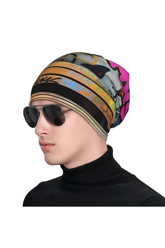 Graffiti Lamp Urban Scene Print Beanie Knitted Hat for Men Women, Winter Fashion Knit Cuffed Caps Unisex