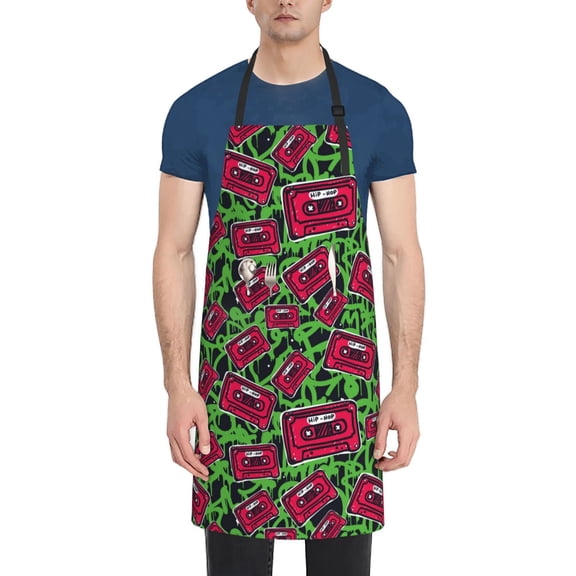 Xecao Graffiti Tape Print Kitchen Cooking Aprons, Waterproof Adjustable Bib Aprons with 2 Pockets for Women Men Chef